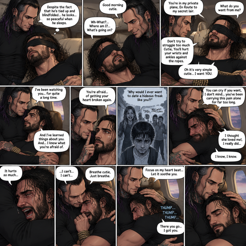 (Previously) The nefarious Jeff Hardy carried the unconscious Seth Rollins (a secret agent) to his private plane after arriving at the airstrip,he put him down on the sofa in the plane,He tied Seth’s wrists and ankles with Rope,Then he blindfolded him,The plane took off,Jeff gently stroked Seth’s head the whispered “We’ll be together soon Cutie,You just don’t know it yet”,Then he gently kissed Seth’s forehead. (And now part 3). Hours have passed,Seth was still unconscious. Jeff was looking at him. “Despite the fact that He’s tied up and blindfolded…he looks…so peaceful when he sleeps” Jeff thought to himself. Then…Seth slowly regained consciousness. “Good morning cutie” Said Jeff. Seth was confused. “Wh-What?…Where am I?…What’s going on?” Seth asked. “You’re in my private plane,En Route to my secret lair” Said Jeff. Seth tried to struggle. “Don’t try to struggle too much Cutie,You’ll hurt your wrists and ankles against the ropes” Said Jeff. “What do you want from me?” Asked Seth. “Oh it’s very simple cutie…I want YOU” said Jeff. Seth was caught off guard. Jeff lifted Seth in his arms,Then he sat back down and put Seth on his lap. “I’ve been watching you…for quite a long time” Said Jeff. “And I’ve learned things about you” Jeff continued. “And…I know what you’re afraid of” Jeff continued. Seth was about to protest But Jeff gently shushed him. “You’re afraid…of getting your heart broken again” said Jeff. Seth was silent…not because he was stunned…it’s because Jeff was right. “I know you’ve been looking at other couples that love each other and think to yourself “Why can’t I have that?” And I know that you’re scared of letting someone in because you believe if you do…your past will repeat itself” Said Jeff. Seth clenched his fists,The memory of his ex-girlfriend cheating on him in high school and humiliating him in front of the entire school and her saying “Why would I ever want to date a hideous freak like you?!” And the other students laughing at him and tears streaming down his face flashed in his mind, Seth was trying not to cry. Jeff noticed and pulled Seth In his embrace. “You can cry if you want,I don’t mind…you’ve been carrying this pain alone for far too long” Jeff said Softly. That did it,Seth couldn’t hold it In anymore,He started crying in Jeff’s arms. “I thought she loved me!,I really did” Seth said through his tears. Jeff gently rubbed Seth’s back. “I know,I know” Jeff said softly. Seth was full on sobbing now,His tears soaking through the blindfold. It broke Jeff’s heart to See Seth like this,He took the blindfold off Seth. “It hurts so much” Seth said through the sobbing. Jeff kept rubbing Seth’s back gently with sadness in his eyes. Seth started coughing while continuing to sob loudly. “Breathe cutie,Just breathe” Jeff said Softly. “…I can’t…I can’t…” Seth said through the sobbing. Jeff gently puts Seth’s head on his chest where his heart is. “Focus on my heart beat…Let it soothe you” Jeff said softly. Seth listened to Jeff’s heart beat and it steady rhythm. His breath starts to steady as he slowly relaxes. “There you go…I got you” Jeff said softly. Tears stopped rolling down Seth’s face