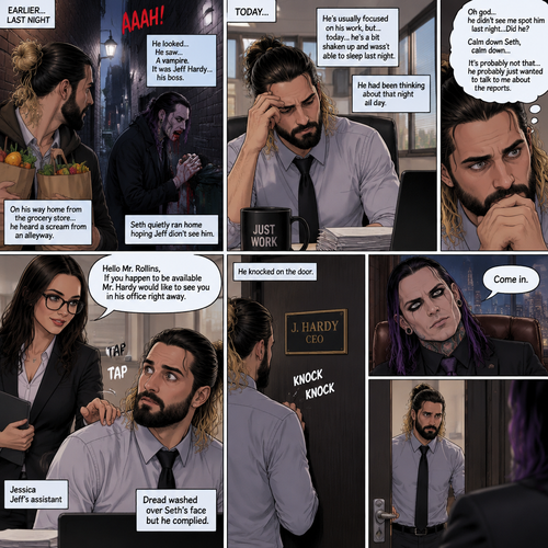 Seth Rollins was working at an office building. He’s usually focused on his work,But…today….he’s a bit shaken up and wasn’t able to sleep last night. Because last night….on his way home from the grocery store…he heard a scream from an alleyway. He looked…He saw….a Vampire. He recognized the vampire…it was Jeff Hardy…his boss. Seth quietly ran home hoping Jeff didn’t see him. He had been thinking about that night all day. He was snapped out of his thoughts when someone tapped him on the shoulder,It was Jessica Jeff’s assistant. “Hello Mr.Rollins,If you happen to be available Mr.Hardy would like to see you in his office right away” said Jessica. Dread washed over Seth’s face but he complied. “Oh god…he didn’t see me spot him last…Did he?,Calm down Seth,calm down,it’s probably not that…he probably just wanted to talk to me about the reports” Seth though. He knocked on the door. “Come in” said Jeff. Seth opened the door
