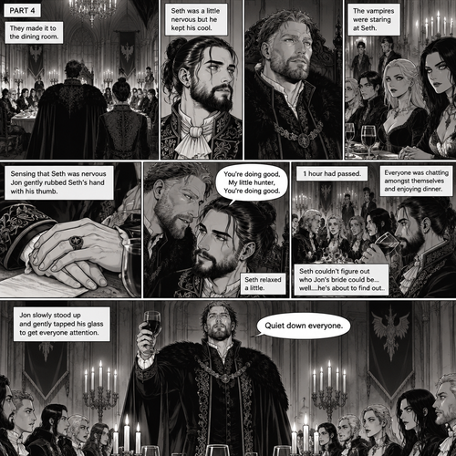 (Recap) Seth Rollins (The vampire hunter) was in a royal bedroom lost in thought,The maids knocked on the door and said “Greetings Hunter,Our King has asked us to help you get ready for the feast”,One of the maids brushed Seth’s hair and put it in a neat bun while the other maids get his fancy outfit ready,Seth puts the fancy outfit on,they left the room,Jon Moxley (the vampire king was waiting for them at the bottom of the stairs,Jon thought Seth looked perfect,He dismissed the maids,gently took Seth’s hand and walked to the dining room. (And now part 4). They made it to the dining room,there were other vampires there. Seth was a little nervous but he kept his cool. Jon and Seth took their seats,Jon’s seat was at the head of the table and Seth’s seat was right beside Jon’s. The vampires were staring at Seth,He’s a little nervous. Sensing that Seth was nervous Jon gently rubbed Seth’s hand with his thumb. “You’re doing good,My little hunter,You’re doing good” Jon whispered to Seth. Seth relaxed a little. 1 hour had passed,everyone was chatting amongst themselves and enjoying dinner. Seth couldn’t figure out who Jon’s bride could be…well….he’s about to find out. Jon slowly stood up and gently tapped his glass to get everyone attention. “Quiet down everyone” Said Jon