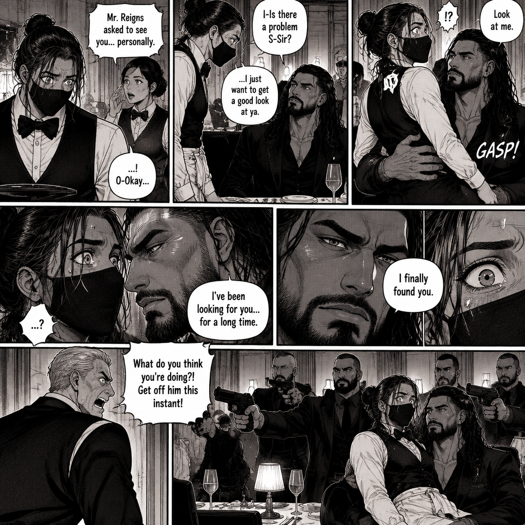 (Recap) Seth Rollins is a waiter at a restaurant,He’s wearing a mask that covers his face because all his life he’s been told he was ugly,He believed it,He’s also too afraid to look at mirrors,One night he was working as usual,then a group of men walked in amongst them was Roman Reigns (Feared mafia Boss) and took a seat,One of the waitresses told Seth that Roman asked to see him personally,Seth was nervous. (And now part 2). Seth nervously walked over to Roman’s table. “I-Is there a problem S-Sir?” Seth asked nervously. “…I just want to get a good look at ya” said Roman. Seth’s eyes Widened. Roman wrapped his arm around Seth’s waist and pulled him onto his lap. Seth gasped. “Look at me” Roman commanded. Seth looked at him. “I’ve been looking for you…for a long time” Said Roman. Seth was confused. “I finally found you” Said Roman. The manager walked in and was about to lecture Seth…But Roman’s men pointed their weapons at him