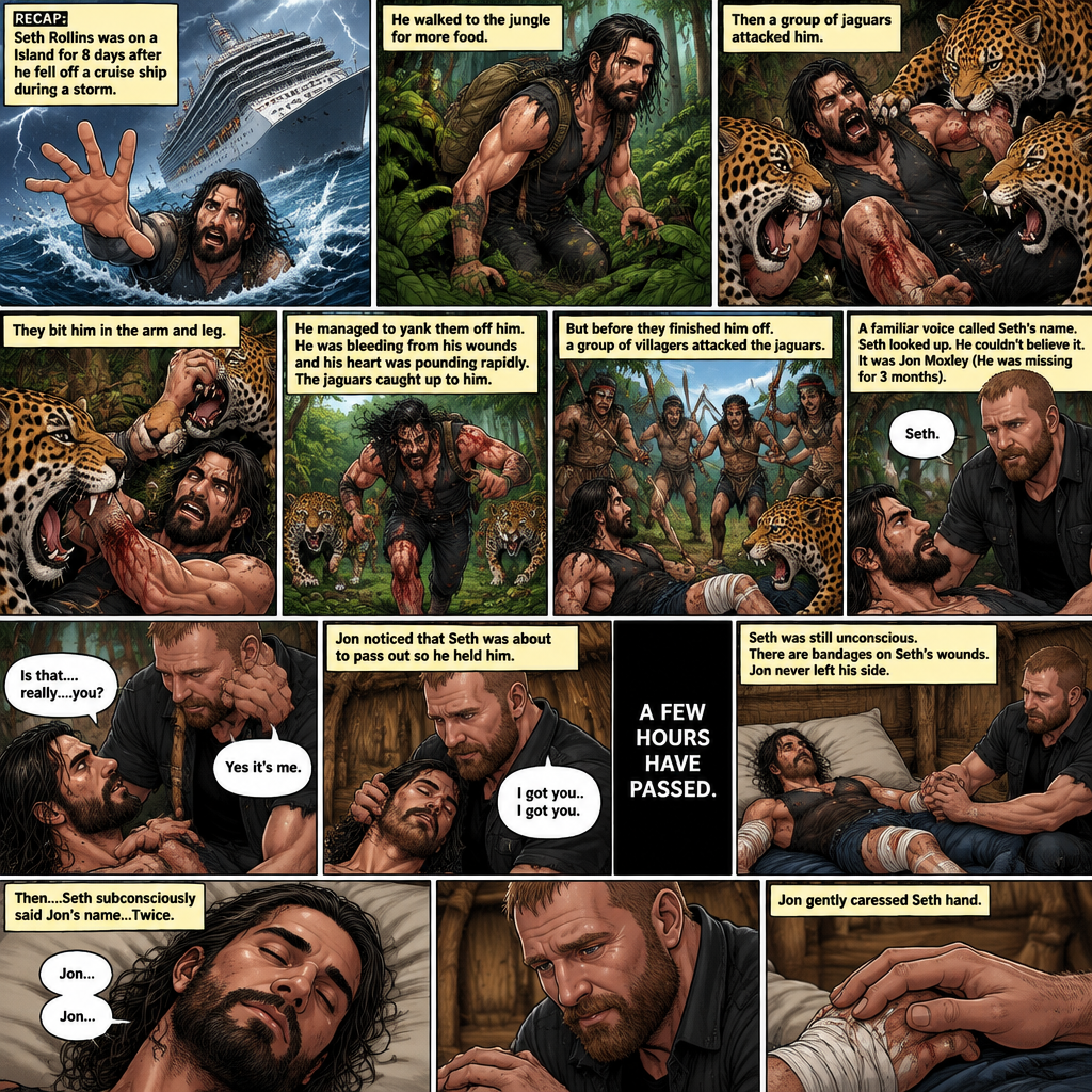 (Recap) Seth Rollins was on a Island for 8 days after he fell off a cruise ship during a storm,He walked to the jungle for more food,Then a group of jaguars attacked him,They bit him in the arm and leg,He managed to yank them off him,He was bleeding from his wounds and his heart was pounding rapidly,The jaguars caught up to him,but before they finished him off a group of villagers attacked the Jaguars,A familiar Voice called Seth’s name,Seth looked up,He couldn’t believe it,It was Jon Moxley (He was missing for 3 months),Jon gently helped Seth stand up,”Is that….really….you?” Seth asked,”Yes it’s me” Said Jon,Jon noticed that Seth was about to pass out so he held him,Seth passed out in Jon’s Arms,”I got you..I got you” Said Jon,He lifted Seth in his arms. (And now part 4). A few hours have passed,Seth was still unconscious,There are bandages on Seth’s wounds. Jon never left his side,He was gently holding Seth’s hand. Then….Seth subconsciously said Jon’s name…Twice. Jon gently caressed Seth hand