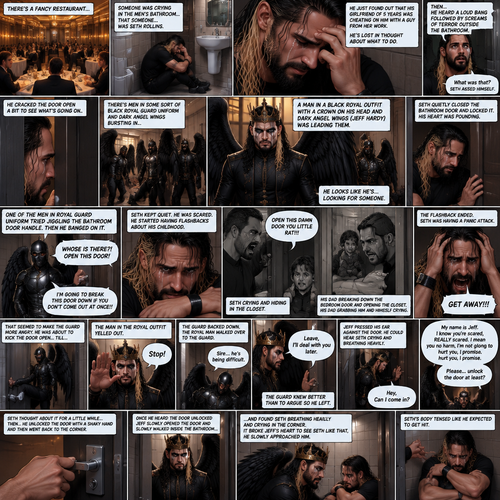 There’s a fancy restaurant,someone was crying in the men’s bathroom,That someone…was Seth Rollins. He just found out that his girlfriend of 5 years was cheating on him with a guy from her work. He’s Lost in thought about what to do. He was snapped out of his thoughts…when…he heard a loud bang followed by screams of terror outside the bathroom. “What was that?” Seth asked himself. He cracked the door open a bit to see what’s going on. There’s men in some sort of black royal guard uniform and dark angel wings bursting in…wait…Dark angel wings?!. A man in a black royal outfit with a crown on his head and dark angel wings (Jeff Hardy) was leading them,He looks like he’s…looking for someone. Seth quietly closed the bathroom door and locked it,his heart was pounding. Then…One of the men in royal guard uniform tried jiggling the bathroom door handle. Seth slowly and quietly backed away from the door. The man in the royal guard uniform banged on the door. “Whose is there?! Open this door!” The man in the royal guard uniform yelled. Seth kept quiet while the man kept banging on the door. “I’m going to break this door down if you don’t come out at once!!” The man in the royal guard uniform yelled. Seth was scared,He stared having flashbacks about his childhood. His dad yelling at him “Open this Damn door you little rat!!!”. Seth crying and hiding in the closet,his dad breaking down the bedroom door and opening the closet,his dad grabbing him and himself crying. The flashback ended. Seth was having a panic attack. “GET AWAY!!!” Seth yelled at the door. That seemed to make the man in the royal guard uniform more angry,He was about to kick the door open…till the man in the royal outfit yelled out “Stop!” At the guard. The guard backed down. The man in royal outfit walked over to the guard. “Sire he’s being difficult” the guard said. “Leave,I’ll deal with You later” the royal man said to the guard. The guard knew better than to argue so he did what the royal man asked. The royal man pressed his ear against the door,He can hear Seth crying and breathing heavily. Seth was still having a panic attack. The royal man gently knocked on the door. “Hey,Can I come in?” The royal man asked. Seth didn’t move. “My name is Jeff” said Jeff. “I know you’re scared,REALLY scared,I mean you no harm,I’m not going to hurt you,I promise” Jeff said softly. “Please…unlock the door at least?” Jeff asked politely. Seth thought about it for a little while…then…he…unlocked the door with a shaky hand and then went back to the corner. Once he heard the door unlocked Jeff slowly opened the door and slowly walked inside the bathroom and found Seth breathing heavily and crying in the corner. It broke Jeff’s heart to See Seth like that,He slowly approached him. Seth’s body tensed like he expected to get hit