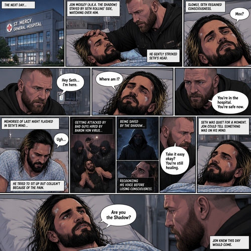 (Part 2 of the Vigilante x detective story). The next day,Seth Rollins (The detective) was still unconscious. Jon Moxley (A.K.A The vigilante known as the shadow) was watching over him. He gently stroked Seth’s head. Then…Seth slowly regained consciousness. He spoke weakly “Mox?”. “Hey Seth…I’m here” Jon said Softly. Seth was silent for a bit before he spoke weakly “Where am I?”. “You’re in the hospital,You’re safe now” Jon said softly. Memories of last night flashed in Seth’s mind,From getting attacked by Bad guys hired By Baron von virus to being saved by the shadow to recognizing his voice before losing consciousness. Seth tried to sit up but couldn’t because of the pain. “Take it easy okay?,You’re still healing” Jon said softly. Seth was quiet for a moment. Jon could tell something was on Seth’s mind. Then…Seth asked Jon the one question that he thought in his mind “Are you the shadow?”. Jon knew this day would come