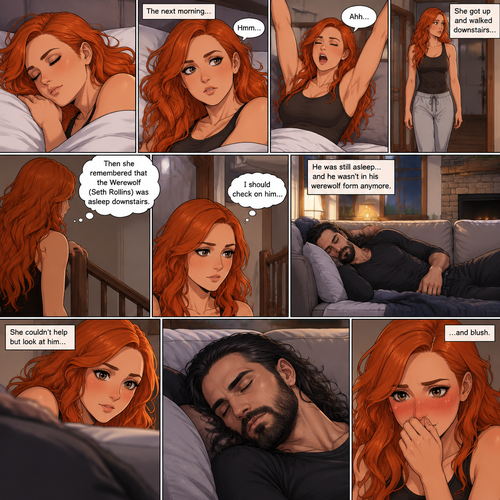 (Part 3 of the werewolf x human story) The next morning,Becky Lynch was asleep in her bed. Then she woke up. She got up and stretched her arms. She walked downstairs…then she remembered that the Werewolf (Seth Rollins) was asleep downstairs. She checked in on him. He was still asleep…and he wasn’t in his werewolf form anymore. She couldn’t help but look at him…and blush
