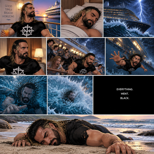 Seth Rollins is on a cruise ship,One night he was asleep,Then suddenly…thunder. He got up. The ship was rocking against the strong waves. Everyone was panicking,Then….Seth fell overboard. He swam as best as he could. The waves were strong,Then…A big wave came crashing down on him. Everything.Went.Black. A few hours have passed,Seth was unconscious on the shore