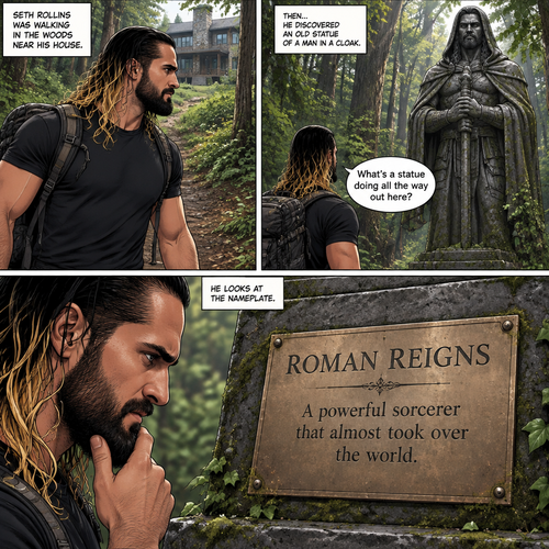 Seth Rollins was walking in the woods near his house,Then…he discovered an old statue Of a man in a cloak (Roman Reigns). “What’s a statue doing all the way out here?” Seth asked himself. He looks at the nameplate “Roman Reigns,A powerful sorcerer that almost took over the world”