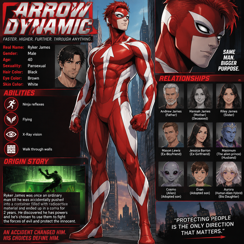 Superhero oc info card Arrow Dynamic

Real Name:Ryker James
Gender:Male
Age:40
Sexuality:Pansexual
Hair Color:Black
Eye Color:Brown
Skin Color:White
Super hero costume:Red and white full body costume,Mask,Fake red hair attached to the mask
Abilities:Ninja reflexes,Flying,X-Ray vision,Walk through walls
Relationships:Andrew James (Father) Hannah James (Mother) (Deceased) Riley James (Sister) Mason Lewis (Ex-Boyfriend) Jessica Barron (Ex-Girlfriend) Maximum (The alien prince) (Husband) Cosmo (Alien) (Adopted son) Evan (Adopted son) Aurora (Human-Alien Hybrid) (Bio Daughter)
Origin story:Ryker James was once an ordinary man till he was accidentally pushed into a container filled with radioactive material and ended up in a coma for 2 years. He discovered he has powers and he’s chosen to use them to fight the forces of evil and protect the innocent