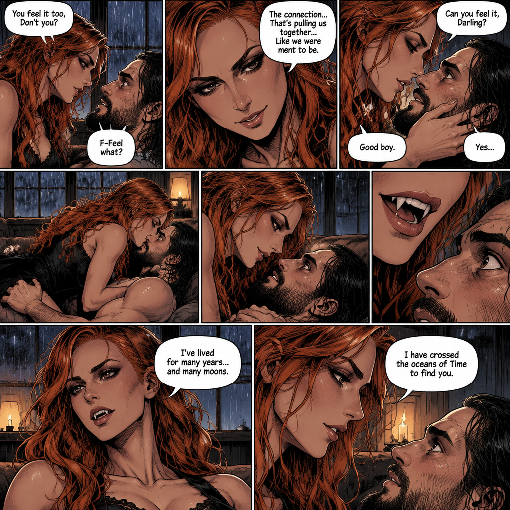 Part 2.The setting is still at Seth Rollins’s house,It’s still raining outside.”You feel it too,Don’t you” Asked Becky Lynch. “F-Feel what?” Asked Seth Rollins nervously.Becky gets closer to Seth. “The connection…That’s pulling us together…Like we were ment to be” Becky said softly.Seth’s heart fluttered.Becky can hear it,She gently puts her hand on his cheek and leaned towards him. “Can you feel it,Darling?” Becky Asked Softly.Something about her voice made Seth unable to resist her. “Yes” Seth whispers. “Good boy” Becky whispers.Their lips connect softly,Becky gently pushes Seth on his back on the couch while they kiss.They eventually pull away and look at each other.Becky smiles gently at him,That’s when….Seth Notices vampire fangs in her teeth,He was bewildered…But not scared. “I’ve lived for many years…and many moons” Becky said softly. “I have crossed the oceans of Time to find you” Becky said softly