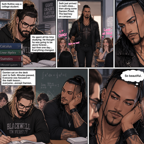 Seth Rollins was a college student,He spent all his time studying. He thought he was going to be alone forever…but then one day….Everything changed. He just arrived In math class,He sat at his usual desk…then along came Damien Priest,The bad boy on campus. The girls were gushing and giggling all over him. Seth was just trying to focus on studying and taking notes. Damien sat on the desk next to Seth. Minutes passed,Everyone was focused on the math lesson…everyone…except Damien. He was focused on only one thing…Seth. He was looking at Seth like he was the most beautiful angel he’s ever seen. “So beautiful” Damien said in his mind