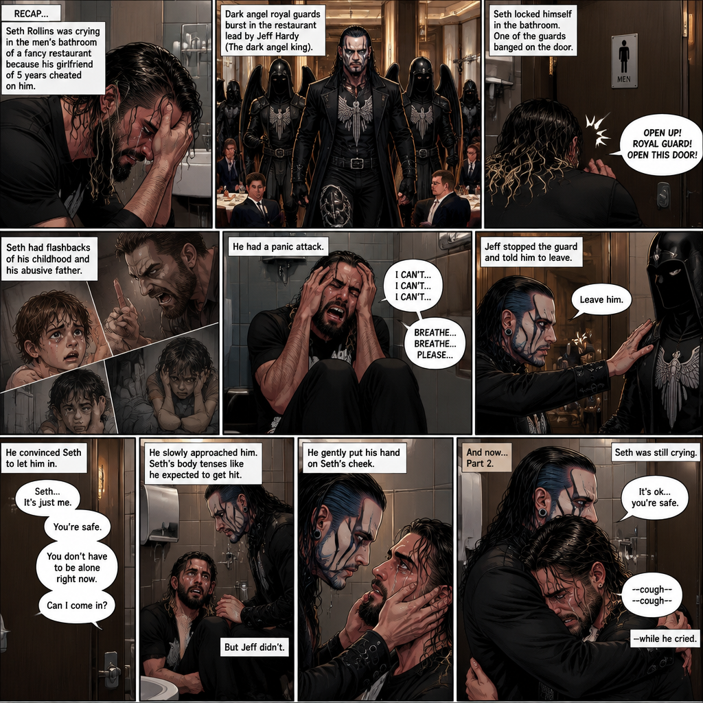 (Recap) Seth Rollins was crying in the men’s bathroom of a fancy restaurant because his girlfriend of 5 years cheated on him,then Dark angel royal guards burst in the restaurant lead by Jeff Hardy (The dark angel king),Seth locked himself in the bathroom,one of the guards banged on the door,Seth had flashbacks of his childhood and his abusive father,Seth had a panic attack,Jeff stopped the guard and told him to leave,He convinced Seth to let him in,He slowly approached him,Seth’s body tenses like he expected to get hit,Jeff gently put his hand on Seth’s cheek. (And now part 2). Seth was still crying. “It’s ok,you’re safe” Jeff said softly. He gently pulled Seth into his embrace. Seth coughed while he cried