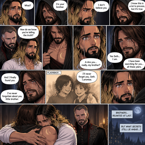 (Recap) Seth Rollins (The vampire hunter turned Bride of the vampire king) was looking at himself in the mirror reeling in the fact that he’s getting married to the vampire king next week,his heart knows that,Then he saw a mysterious figure (Aj Styles) who was standing right behind him in the reflection,Jon Moxley (The vampire king) was handling the wedding preparations,then he heard a loud crash and Seth yelling “LET ME GO!!!” In the bedroom,he used his vampire speed to rush to the bedroom,The mysterious figure tries to drag Seth out the window,Seth struggles,Jon arrives just in time and attacks the mysterious figure,after that he rushes to Seth to see if he’s ok,the mysterious figure slowly gets up,Jon is about to attack,Then the mysterious figure spoke “Wait!”,”Seth…please listen to me,Seth was confused by how the man knew his name,The mysterious figure takes off his hood and drops a bombshell “My name is Aj…I’m your brother Seth,Jon and Seth were shocked by what he said. (And now part 7). Seth was stunned. “What?” Seth asked. “I’m your brother” said Aj. Seth shook his head a little. “I don’t believe you” Said Seth. “I know this is a lot to process,but it’s true” said Aj. Jon gently pulled Seth to his side. “How do we know you’re telling the truth?” Jon asked cautiously. Aj shows his birthmark,It’s the shape of a crescent moon…just like Seth’s. Seth was stunned,All this time….he thought he was the only one with that birthmark. “A-Are you…really..my brother?” Seth asked. “Yes Seth…I am” said Aj. “I have been searching for you…all these years” Aj paused,Tears welling up in his eyes. “And I finally found you” Aj continued. Seth didn’t know what to say,Neither did Jon. “I’ve never forgotten about you,little brother” Said Aj. Something flashed in Seth’s mind…it was a memory….of himself and Aj when they were little. Aj (as a kid) had promised Seth he would never forget him. The flashback ends. Tears welled up in Seth’s eyes. Seth and Aj hugged each other