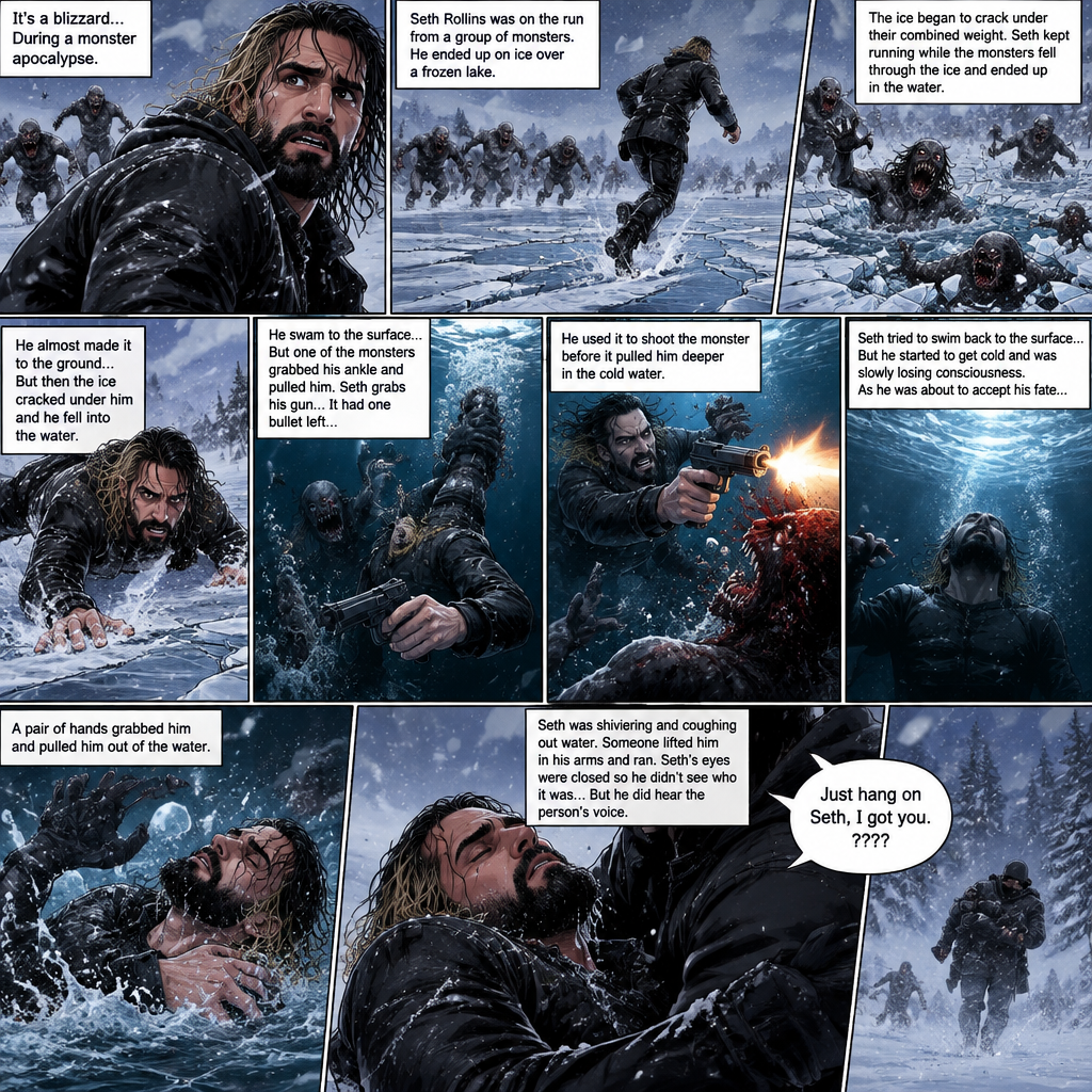 It’s a blizzard…During a monster apocalypse. Seth Rollins was on the run from a group of monsters. He ended up on ice over a frozen lake. The ice began to crack under the group of monsters combined weight. Seth kept running while the monsters fell through the ice and ended up in the water. He almost made it to the ground….But then the ice cracked under him and he fell into the water. He swam to the surface…but one of the monsters grabbed his ankle and pulled him. Seth grabs his gun…it had one bullet left…He used it to shoot the monster before it pulled him deeper in the cold water. Seth tried to swim back to the surface…But he started to get cold and was slowly losing consciousness. As he was about to accept his fate….A pair of hands grabbed him and pulled him out of the water. Seth was shivering and coughing out water. Someone lifted him in his arms and ran. Seth’s eyes were closed so he didn’t see who it was…But he did hear the person’s voice. “Just hang on Seth,I got you” Said ????