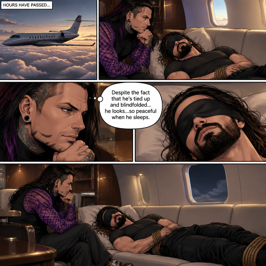 (Previously) The nefarious Jeff Hardy carried the unconscious Seth Rollins (A secret agent) to a private plane after arriving at the airstrip,He put him down on the sofa in the plane,He tied Seth’s wrists and Ankles with rope and then blindfolded him,The plane took off,Jeff gently stroked Seth’s head and whispered “We’ll be together soon Cutie,You just don’t know it yet”,He then gently kissed Seth’s forehead. (And now part 3). Hours have passed. Seth was still unconscious. Jeff was looking at him. “Despite the fact that he’s tied up and blindfolded…he looks…so peaceful when he sleeps” Jeff thought to himself