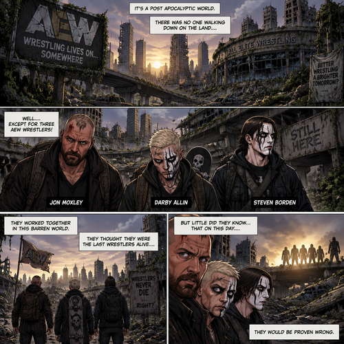 It’s a post apocalyptic world,There was no one walking down on the land….well….except for three AEW wrestlers! Jon Moxley,Darby Allin and Steven Borden (Sting’s son).They worked together side by side in this post apocalyptic world.They thought they were the last wrestlers alive….but little did they know…that on this day….they would be proven wrong