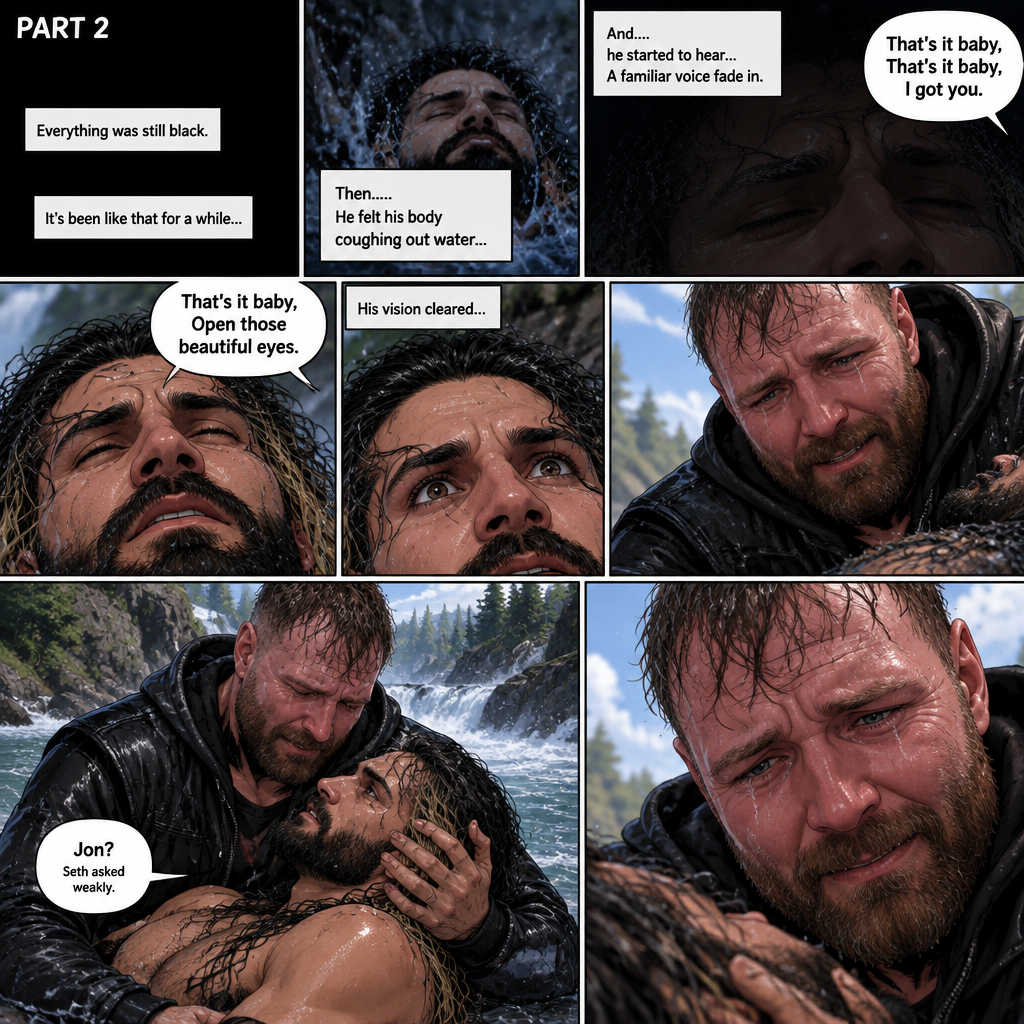 (Recap) Seth Rollins was running from a zombie horde in the woods after getting abandoned and left to die by his own group,He tripped on a rock and sprained his ankle,The zombies were gaining on him so he kept running despite the pain in his ankle,He made it to the edge of the cliff,The zombies were closing in,So Seth jumped into the rapids,He tried to swim but the rapids were too strong,He ended up going down a waterfall and hitting the water,Then everything went black. (And now part 2). Everything was still black. It’s been like that for a while,Then…..He felt his body coughing out water…and….he started to hear….A familiar voice fade in “That’s it baby,That’s it baby,I got you”. He slowly opened his eyes,The familiar voice spoke again “That’s it baby,Open those beautiful eyes”. Seth’s vision cleared….He sees….Jon Moxley..Looking down at him and holding him with tears of joy in his eyes. “Jon?” Seth asked weakly. (End of part 2).