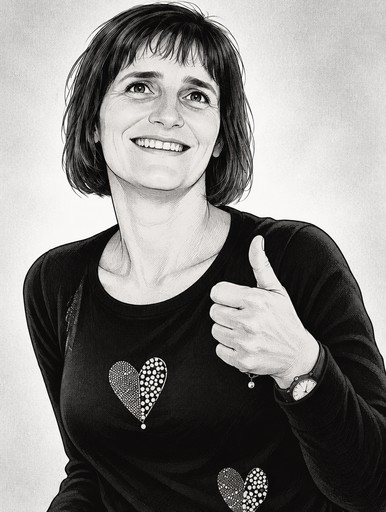 Black-and-white manga portrait of a person smiling and giving a thumbs-up.