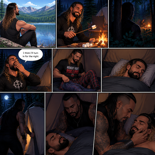 Seth Rollins was camping in the woods,he was enjoying the view of the lake and enjoying the fresh air,Hours later nighttime came,He was making s’mores at the campfire.He was enjoying himself…but…little did he know…that something…or someONE was watching him.Seth eventually got tired and yawned. “I think I’ll turn in for the night” said Seth.He went inside his tent,put pajamas on,got in his sleeping bag and went to sleep,Soon enough…Seth was deep asleep.The mysterious figure (Damien Priest) quietly walked to Seth’s tent,He opened the tent quietly.He looked at Seth,He quietly got inside the tent.He gently caressed Seth’s cheek