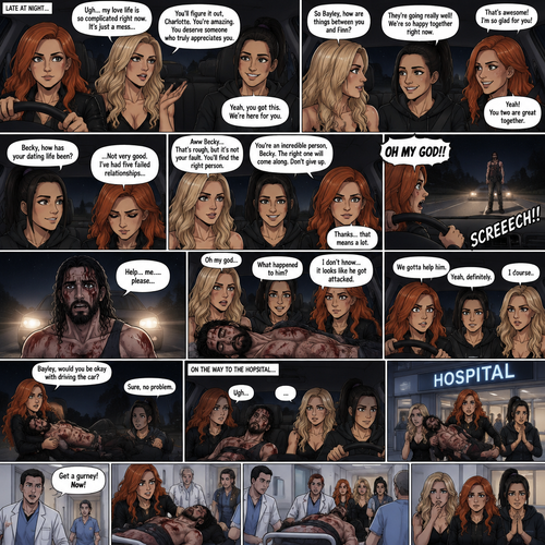 (Part 1 of the Werewolf X Human story). It was late at night,Becky Lynch Was in a car with Charlotte Flair and Bayley. They were driving to Becky’s house. Charlotte was talking about her complicated love life. Becky and Bayley were giving her words of comfort and support. Charlotte then asked Bayley how things were between her and Finn Bálor (They’re dating in this story). Bayley said things were going very well between the two of them. Becky and Charlotte were both happy to hear that. Bayley then looked at Becky and asked How HER dating life had been. Becky got a sad look on her face as she admitted that her dating life wasn’t doing very good,She had Five failed relationships. Charlotte and Bayley gave Becky words of comfort. Becky felt a little better. Then Becky looked at the road and suddenly yelled “OH MY GOD!!” And slammed on the breaks. There was a man (Seth Rollins) standing in front of the car,He was covered in bad scratches. He had a frightened expression on his face,He looked like he got attacked by a wild animal. Becky,Charlotte and Bayley were horrified. Then…the man spoke “Help…me….please”, then he collapsed on the road and passed out. The girls got out of the car and rushed over to the man. “Oh my god” Said charlotte. “What happened to him?” Bayley asked. “I don’t know…it looks like he got attacked” Said Becky. The man groaned in pain subconsciously. “We gotta help him” Said Becky. Bayley and Charlotte nodded in agreement. “Bayley would you be okay with driving the car?” Asked Becky. “Sure,no problem” said Bayley. Becky lifted the unconscious man in her arms and carried him to the car. They got in the car and Bayley drove to the hospital. The man was slipping in and out of consciousness on the way there. When they arrived they got out of the car and rushed inside With Becky holding the unconscious man in her arms. One of the doctors noticed and got a gurney. Becky put him on it. The doctors wheeled him away. (End of part 1)