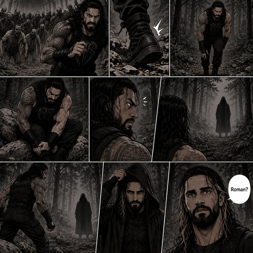 Roman Reigns is in a zombie apocalypse,He walking in the woods. He hurt his ankle while running away from a zombie horde. He’s far away from them and limping in the woods. The pain in his ankle was too much to ignore so he sat down on a rock,he sat there for a while….then….he heard distant footsteps. He looked behind him. There’s a hooded figure in the distance. He slowly stood up,he had his guard up. The hooded figure stopped walking. They were silent for a while. Then….the hooded figure took off his hood…it was….Seth Rollins. “Roman?” Said Seth