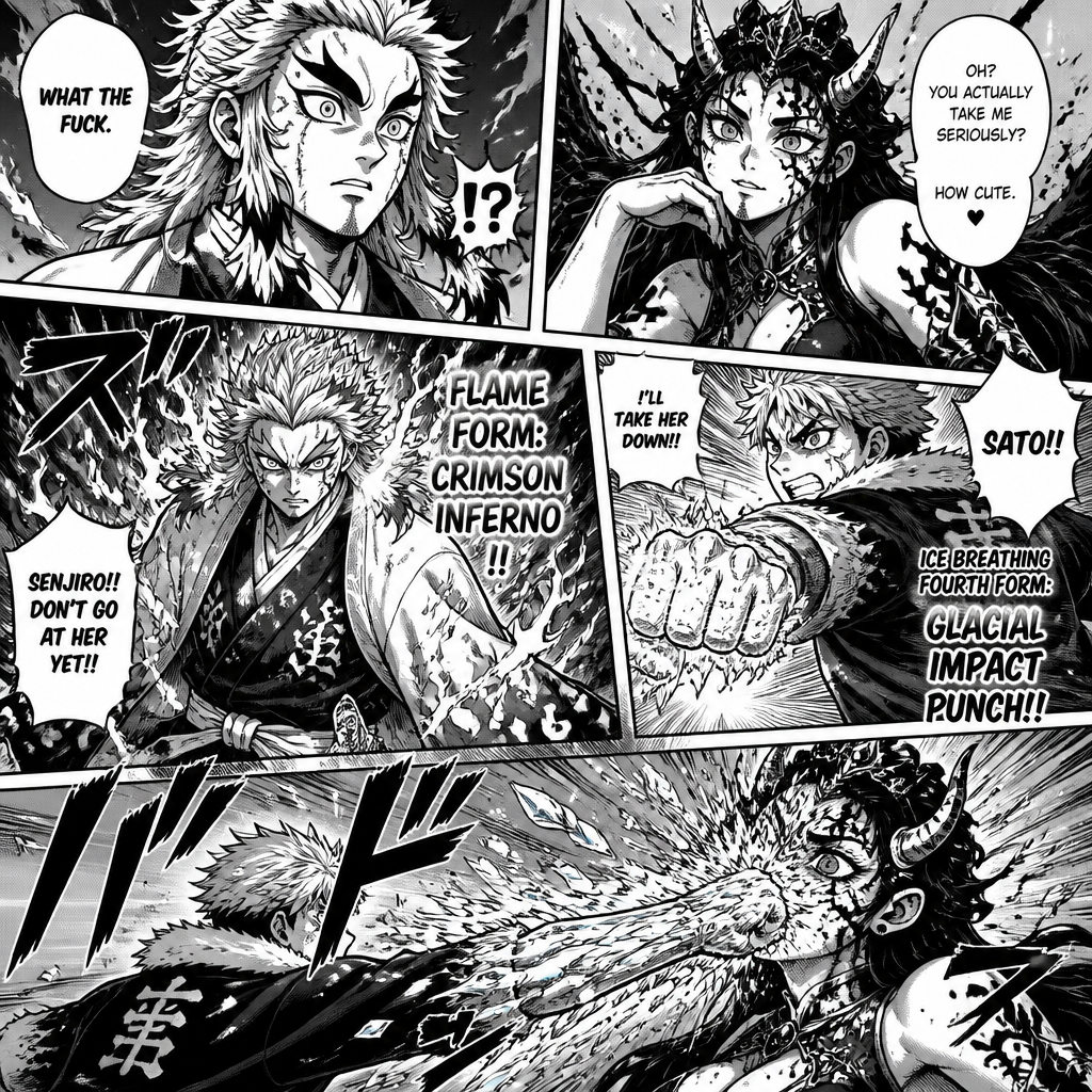 Senjiro is confused and says what the fuck he actually takes it seriously and transforms immediately into his flame form but Sato stop him from going at her and tries to punch the demon queen with a ice punch to the face