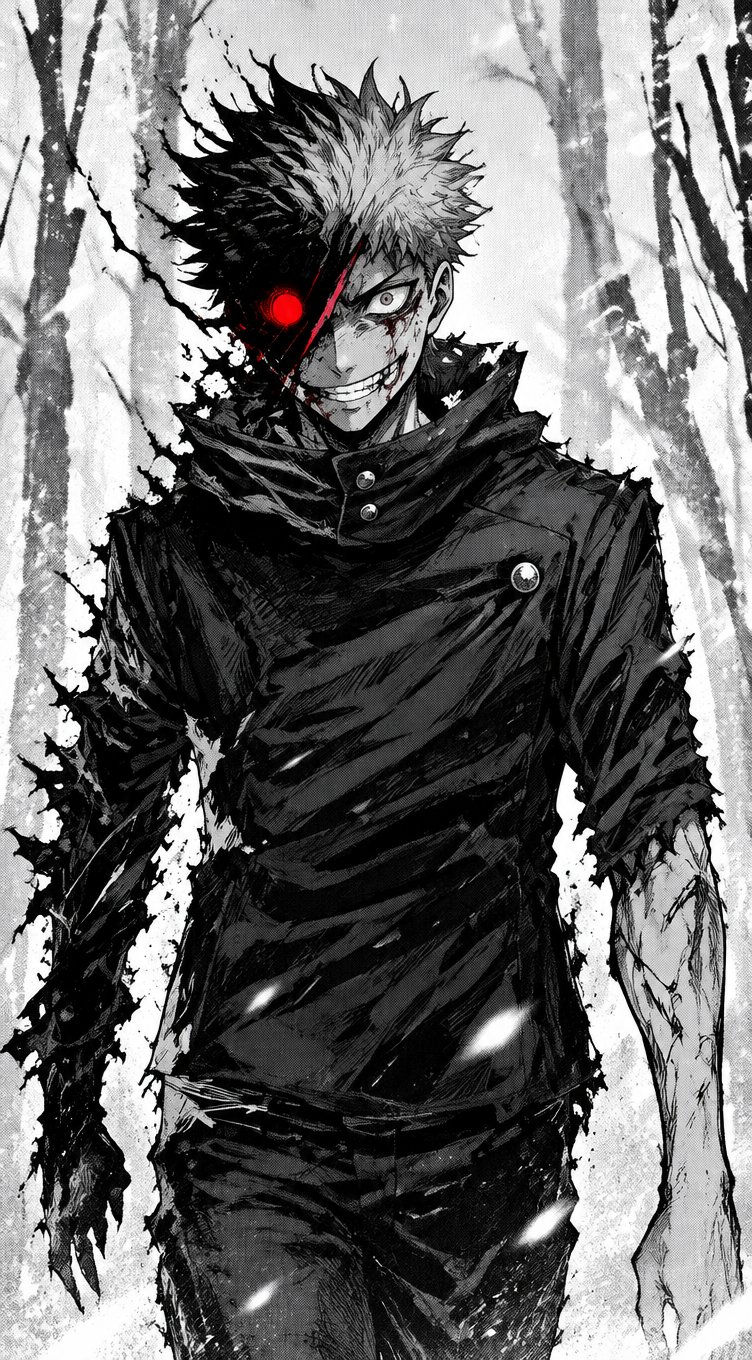 Black-and-white manga illustration of a person standing in dark layered clothing with a red eye glow.