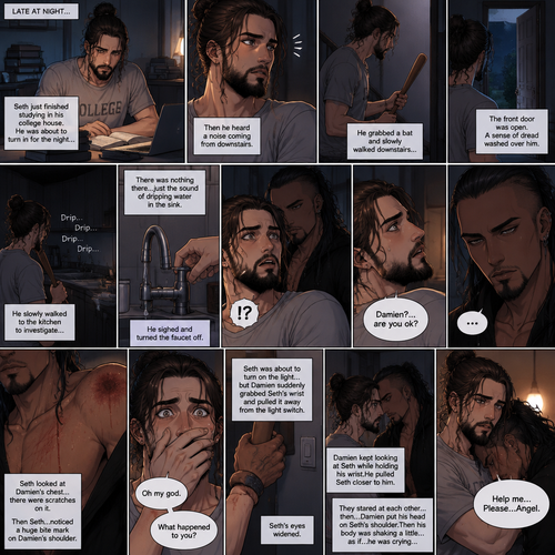 (Recap) Seth Rollins (College student) Arrives at math class and sits at his usual desk,Damien Priest (The bad boy) arrives as well,He sits on the desk next to Seth,Seth was focusing on the math lesson…Damien wasn’t,He was only focusing on Seth like he was the most beautiful angel he’s ever seen,”So beautiful” Damien thought in his mind,After class ended Seth was at his locker when suddenly Damien appeared behind him startling Seth. (And now part 2). It was late at night,Seth just finished studying in his college house. He was about to turn in for the night….Then he heard a noise coming from downstairs. He grabbed a bat and slowly walked downstairs…the front door was open. A sense of dread washed over him. The slowly walked to the door and closed it,Then he heard a dripping sound coming from the kitchen. He slowly walked to the kitchen to investigate,there was nothing there…just the sound of dripping water in the sink,He sighed and walked to the sink and turned the faucet off. He turned around….And got spooked….Damien was standing right behind him. Damien was staring right at Seth with a blank expression on his face. “Damien?…are you ok?” Seth asked. Damien didn’t say anything…he just kept staring. There was a dripping sound again…but this time…it was coming from Damien. Seth looked at Damien’s chest….there were scratches on it,Then Seth…noticed a huge bite mark on Damien’s shoulder. Seth was horrified. “Oh my god” said Seth. He looked at Damien. “What happened to you?” Asked Seth. Damien remained silent. Seth was about to turn on the light….but Damien suddenly grabbed Seth’s wrist and pulled it away from the light switch. Seth’s eyes widened. Damien kept looking at Seth while holding his wrist,He pulled Seth closer to him. They stared at each other…then….Damien put his head on Seth’s shoulder,Then his body was shaking a little….as if….he was crying,Then…he finally spoke “Help me…Please…Angel”
