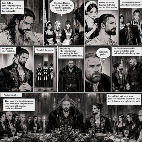(Recap) Seth Rollins (The vampire hunter) was in a royal bedroom lost in thought,The maids knocked on the door and said “Greetings Hunter,Our King has asked us to help you get ready for the feast”,One of the maids brushed Seth’s hair and put it in a neat bun while the other maids get his fancy outfit ready,Seth puts the fancy outfit on,they left the room,Jon Moxley (the vampire king was waiting for them at the bottom of the stairs,Jon thought Seth looked perfect,He dismissed the maids,gently took Seth’s hand and walked to the dining room. (And now part 4). They made it to the dining room,there were other vampires there. Seth was a little nervous but he kept his cool. Jon and Seth took their seats,Jon’s seat was at the head of the table and Seth’s seat was right beside Jon’s 