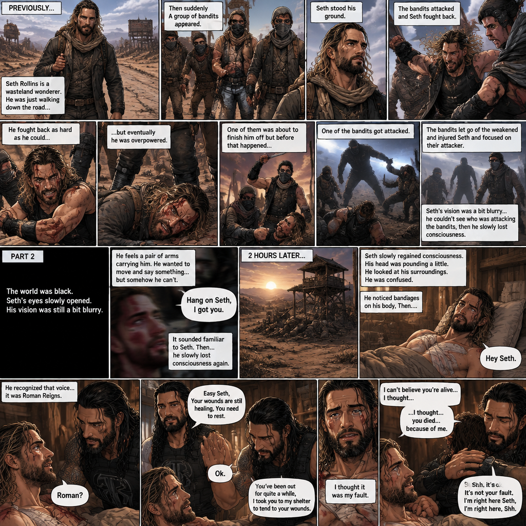 (Recap).Seth Rollins is a wasteland wonderer,He was just walking down the road,Then suddenly A group of bandits appeared,Seth stood his ground,Then the bandits attacked and Seth fought back,He fought back as hard as he could,but eventually he was overpowered,The bandits beat him up really badly,One of them was about to finish him off but before that happened One of the bandits got attacked,The bandits let go of the weakened and Injured Seth and focused on their attacker,Seth’s vision was a bit blurry,he couldn’t see who was attacking the bandits,then he slowly lost consciousness. (And now part 2). The world was black. Seth’s eyes slowly opened,His vision was still a bit blurry. He feels a pair of arms carrying him. He wanted to move and say something…but somehow he can’t. Then he heard a faint voice saying “Hang on Seth,I got you”. It sounded familiar to Seth. Then…Seth slowly lost consciousness again. 2 hours later,Seth slowly regained consciousness. His head was pounding a little. He looked at his surroundings. He was confused. He slowly sat up despite the pain. He noticed bandages on his body,Then….A voice spoke softly “Hey Seth”. He recognized that voice…it was Roman Reigns. Seth looked up. “Roman?” Seth asked softly. Roman Sat next to Seth. “Yes it me” Roman said softly. Seth tried to get up but Roman stopped him. “Easy Seth,Your wounds are still healing,You need to rest” said Roman. “Ok” Seth said softly. “You’ve been out for quite a while,I took you to my shelter to tend to your wounds” Roman said softly. Seth was quiet for a little. Then he spoke “I can’t believe you’re alive…I thought…” tears welled up in his eyes,Then he continued to speak “…I thought…you died…because of me”. Roman was sad to hear that Seth blamed himself for what happened. “I thought it was my fault” Seth said through his tears. Roman gently hugged Seth while he sobbed. “Shh,it’s ok,It’s not your fault,I’m right here Seth,I’m right here,Shh” Roman said softly. He gently rubbed Seth’s back to try to soothe him