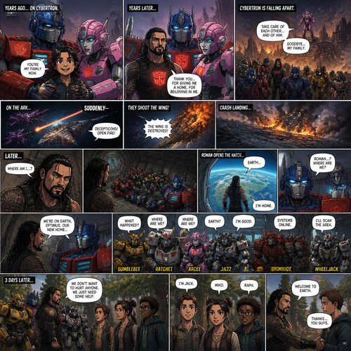 WWE Superstar Roman Reigns ends up on Cybertron as a child and ended up adopted by Optimus Prime and Elita-1.Years later Cybertron is falling apart,Elita-One stays behind while Roman,Optimus Prime and the other Autobots leave on the ark after an emotional goodbye.Then suddenly they get attacked by Megatron and the Decepticons.Then The Deceptions shoot the ark’s wing and Roman and Optimus and the other Autobots crash land on another planet.After A while Roman wake up and looks around and sees Optimus and the Autobots unconscious.Roman opens the Arks hatch and sees…That he’s on the one planet that he thought he would never return to…His home planet..Earth.Then Optimus wakes up.Roman explains to him that they’re on earth,Then bumblebee,Ratchet,Arcee,Jazz,Ironhide and wheel jack wakes up.Timeskip to 3 days later.They meet Three humans,Thier names are Jack,Miko and Raph
