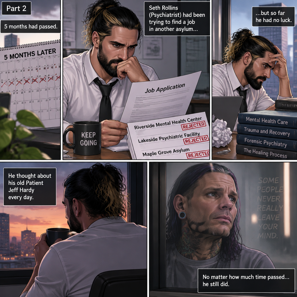 (Part 2) 5 months had passed,Seth Rollins (Psychiatrist) had been trying to find a job in another asylum but so far he had no luck,He thought about his old Patient Jeff Hardy every day