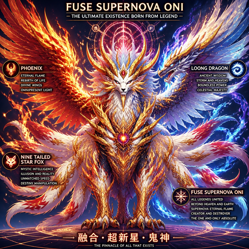 Fuse super nova oni, ancient loung dragon and nine tailed star fox as a new creature that has all the best appearance form Phoenix, loung dragon and nine tailed. Front view 