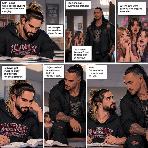 Seth Rollins was a college student,He spent all his time studying. He thought he would be alone forever,Then one day….everything changed. He just arrived in math class and took his usual seat…Then…here comes Damien Priest,The bad boy on campus. All the girls were gushing and giggling over him. Seth was just trying to study and trying to not get distracted. Damien sat on the desk next to Seth