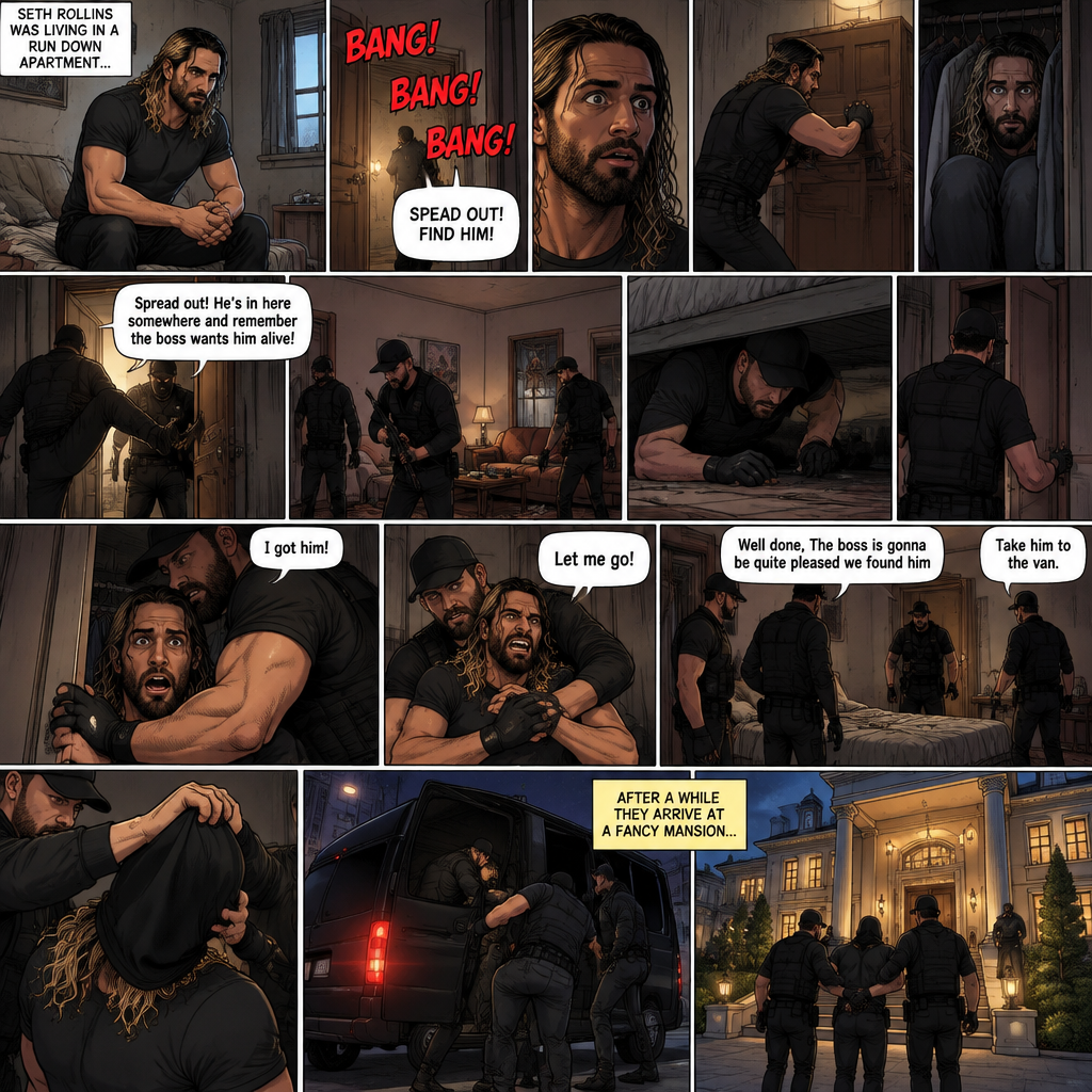 Seth Rollins was living in a run down apartment,Then he heard loud banging from the lobby,Then he heard a man shouting. “SPEAD OUT! FIND HIM!” Said the voice.Seth got spooked,He barricaded the door and hid in his closet.There were sounds of doors being kicked outside,Then the sounds of footsteps approached Seth’s apartment door,The door was kicked open. “Spread out! He’s in here somewhere and remember the boss wants him alive” said a voice. They looked around the apartment.Seth keeps quiet.One of them looked in Seth’s room,He looked under the bed,Then….He walked to the closet.Seth’s heart was beating loudly.The man…opened the door,Spotted Seth and grabbed him before Seth could do anything. “I got him!” Said the man.Seth Struggled.The others walked in the bedroom. “Let me go!” Seth yelled. “Well done,The boss is gonna be quite pleased we found him” Said the man. “Take him to the van”The man commanded. They put a hood over Seth’s head and dragged him to a black van.They get in afterwards,one of them drives the van.After a while they arrive at a fancy mansion,They get out and Drag Seth to it