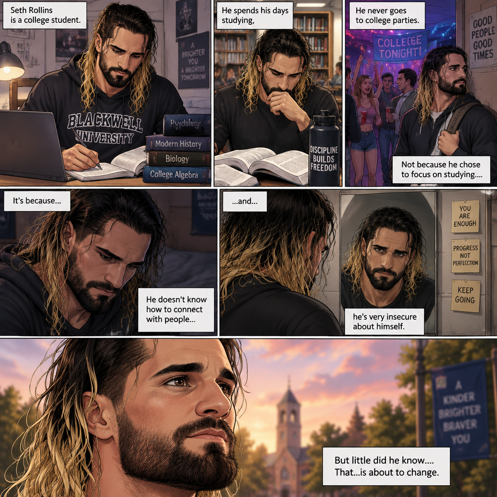 Seth Rollins is a college student. He spends his days studying,He never goes to college parties. Not because he chose to focus on studying….It’s because…He doesn’t know how to connect with people…and…he’s very insecure about himself. It’s been that way since he was a kid. He thought it was going to be this way forever….But little did he know….That…is about to change