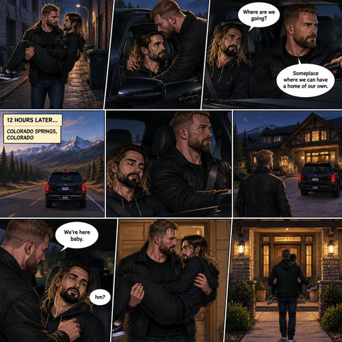 (Recap). Seth Rollins was walking alone at night,then someone grabbed him from behind and covered his mouth so he wouldn’t scream,he whispered in Seth’s ear “Missed me baby?”,it turned out to be Jon Moxley Seth’s first love,Jon removed his hand from Seth’s mouth and gently turned Seth around to face him,Seth couldn’t believe that Jon was actually here,Jon hugged Seth and said “I came back for you,like I promised”,Seth had remembered that promise that he made to him the day he went on the run,Seth hugged Jon back,He missed him so much for the past 6 years.after a minute,Jon lifted Seth in his arms and walked down the alleyway while holding Seth. (And now part 2). Jon was still walking down the alleyway,Then he spotted his car. He walked to his car and put Seth on the passenger seat. He gently kissed Seth’s forehead and then closed the door. He walked to the driver’s seat and got in. He Started the engine and drove away. “Where are we going?” Asked Seth. “Someplace where we can have a home of our own” said Jon. 12 hours have passed,They’re now in Colorado Springs,Colorado,Jon was still driving and Seth was asleep in the passenger seat. After a while Jon pulled into a driveway of a house That he bought. He parked his car and got out. He got out of the car and walked to the passenger side. He gently shook Seth. Seth woke up “hm?”. “We’re here baby” Jon said softly. Jon gently picked Seth up in his arms and closed the car door with his foot. He walked to the house while holding Seth. (End of part 2)