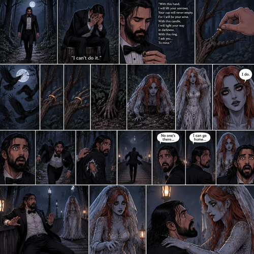 (Part 1 of the corpse bride,Seth x Becky style). Seth Rollins was walking in the woods alone at night after running away from a wedding rehearsal. After a while He sat at a tree stump,he puts his head in his hands. “I can’t do it” Seth said to himself. He took a deep breath. He began practicing his vows,”With this hand,I will lift your sorrows,Your cup will never empty,For I will be your wine,With this candle,I will light your way in darkness,With this ring,I ask you…To mine”. He puts the wedding ring on a tree branch that suspiciously looks like a ring finger. Then the crows flew by,Then….The branch the suspiciously looked like a hand…twitched. Then….The branch that suspiciously looks like a hand pulled itself underground. Seth got spoked when he saw that. Then…an undead woman in a wedding dress (Becky Lynch) crawled out from the ground. She stood up,Lifted her vail,Looked at Seth and said in a quiet voice “I do”. Seth got scared and ran further into the woods. The woman just slowly and calmly walked after him. While Seth was running his tuxedo jacket got caught in some branches and ripped. He kept running till he got to a bridge. He looked behind him…No one was there. He believed he lost her. He turned around to walk home…The undead bride was right there. Seth got spooked. He slowly backed away till his back hit the railing. The undead Bride slowly walked towards him. She gently placed her hands on his shoulders