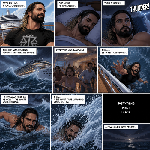 Seth Rollins is on a cruise ship,One night he was asleep,Then suddenly…thunder. He got up. The ship was rocking against the strong waves. Everyone was panicking,Then….Seth fell overboard. He swam as best as he could. The waves were strong,Then…A big wave came crashing down on him. Everything.Went.Black. A few hours have passed