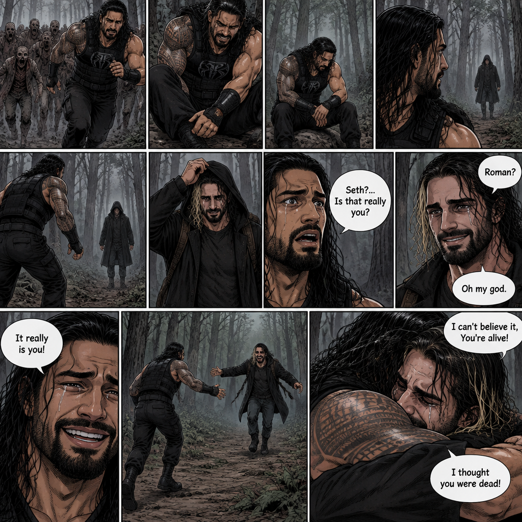 Roman Reigns is in a zombie apocalypse,He walking in the woods. He hurt his ankle while running away from a zombie horde. He’s far away from them and limping in the woods. The pain in his ankle was too much to ignore so he sat down on a rock,he sat there for a while….then….he heard distant footsteps. He looked behind him. There’s a hooded figure in the distance. He slowly stood up,he had his guard up. The hooded figure stopped walking. They were silent for a while. Then….the hooded figure took off his hood…it was….Seth Rollins. “Roman?” Said Seth. Roman’s eyes widened. “Seth?…is that really you?” Roman asked. Seth slowly smiled with joy. “Oh my god” Seth said softly. Roman slowly smiled and tears of joy welled up in his eyes. “It really is you!” Said Roman. Roman limped towards Seth while Seth runs towards Roman. They hugged each other and cried tears of joy. “I can’t believe it,You’re alive!” Seth Said through his tears. “I thought you were dead!” Roman said through his tears