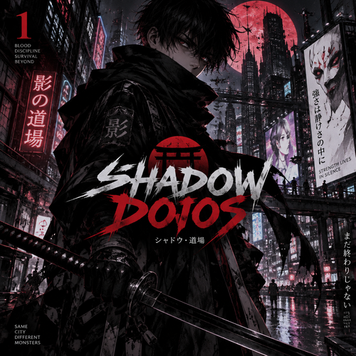 Boy with a black scarf and looks intimidating and holding a black katana for a cover
And the manga is called shadow dojos