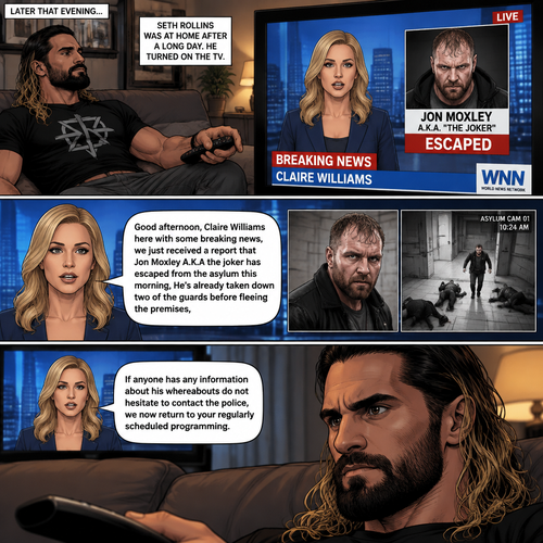 Seth Rollins was at home after a long day. He turned on the tv,A news report came on. “Good afternoon,Claire Williams here with some breaking news,we just received a report that Jon Moxley A.K.A the joker has escaped from the asylum this morning,He’s already taken down two of the guards before fleeing the premises,if anyone has any information about his whereabouts do not hesitate to contact the police,we now return to your regularly scheduled programming” said the reporter