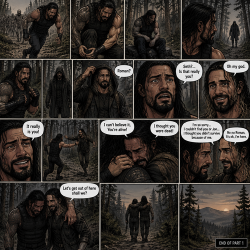 Roman Reigns is in a zombie apocalypse,He walking in the woods. He hurt his ankle while running away from a zombie horde. He’s far away from them and limping in the woods. The pain in his ankle was too much to ignore so he sat down on a rock,he sat there for a while….then….he heard distant footsteps. He looked behind him. There’s a hooded figure in the distance. He slowly stood up,he had his guard up. The hooded figure stopped walking. They were silent for a while. Then….the hooded figure took off his hood…it was….Seth Rollins. “Roman?” Said Seth. Roman’s eyes widened. “Seth?…is that really you?” Roman asked. Seth slowly smiled with joy. “Oh my god” Seth said softly. Roman slowly smiled and tears of joy welled up in his eyes. “It really is you!” Said Roman. Roman limped towards Seth while Seth runs towards Roman. They hugged each other and cried tears of joy. “I can’t believe it,You’re alive!” Seth Said through his tears. “I thought you were dead!” Roman said through his tears. After a while Roman and Seth looked at each other. “I’m so sorry…I couldn’t find you or Jon….I thought you didn’t survive because of me” said Roman. “No no Roman,It’s ok,I’m here” Seth said softly. Seth Wrapped Roman’s arm around his neck to help Roman walk. “Let’s get out of here shall we?” Said Seth. They began walking. (End of part 1)