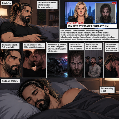 (Recap). Seth Rollins was at home after a long day,He turned on the tv,A news report came on,“Good afternoon,Claire Williams here with some breaking news,we just received a report that Jon Moxley A.K.A the joker has escaped from the asylum this morning,He’s already taken down two of the guards before fleeing the premises,if anyone has any information about his whereabouts do not hesitate to contact the police,we now return to your regularly scheduled programming” said the reporter,The news report ends,Seth tensed a bit. He and Jon used to date….till the car accident happened…which messed up Jon’s mind,Jon started acting erratic after that…which turned him into the Joker,Despite all that he still loved Seth with all his heart,Then the cops came and Took Jon away and Seth was devastated,Seth had blamed himself ever since,He tried to move on….but he never could. (And now part 2). Seth was asleep in bed
