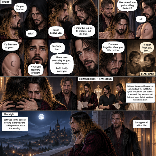 (Recap) Seth Rollins (The vampire hunter turned Bride of the Vampire king) was almost kidnapped by A mysterious figure (AJ Styles),Jon Moxley (Vampire King) Saved Seth,The man took off the hood and revealed he’s Seth’s brother,Seth was stunned. “What?” Seth asked,”I’m your brother” said Aj,Seth shook his head a little,”I don’t believe you” Said Seth,”I know this is a lot to process,but it’s true” said Aj,Jon gently pulled Seth to his side,”How do we know you’re telling the truth?” Jon asked cautiously,Aj shows his birthmark,It’s the shape of a crescent moon…just like Seth’s. Seth was stunned,All this time he thought he was the only one with that birthmark’”A-Are you really my brother?” Seth asked,”Yes Seth…I am” said Aj,”I have been searching for you…all these years” Aj paused,Tears welling up in his eyes,”And I finally found you” Aj continued,Seth didn’t know what to say,Neither did Jon,”I’ve never forgotten about you,little brother” Said Aj,Something flashed in Seth’s mind,it was a memory of himself and Aj when they were little,Aj (as a kid) had promised Seth he would never forget him,The flashback ends,Tears welled up in Seth’s eyes,Seth and Aj hugged each other,Jon just watched. (And now part 8). 3 days before the wedding,Seth and Jon were still preparing. Aj helped out. The night before Aj had told Jon and Seth that he’s a werewolf. Seth and Jon were shocked but were happy that Aj was being honest with them. Seth was on the balcony Looking at the view and Looking nervous about the wedding. Jon appeared behind him