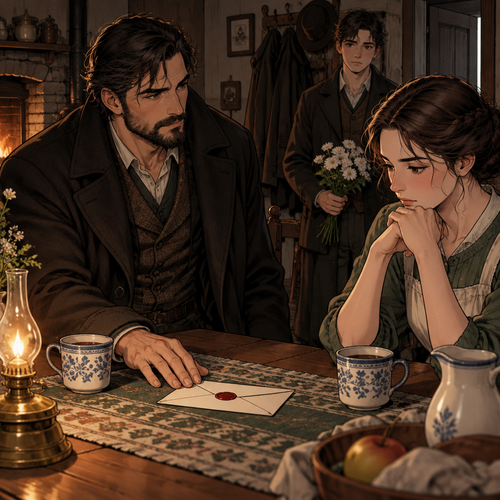 Then I'll drink to it, love, and I'll hand the boy his moment too. But before I do either, there's this card.
*Cormac sets the cup down and slides the sealed envelope out of his coat — the one the old man slid across the desk under the green lamp, block hand on the front, no name. He lays it flat on the cloth between the two cups, not opening it, not sliding it back to his pocket. His hand rests on the corner of it a moment, then comes off.*
That's yours to read first, wife. The old man said it came by the back road and it's got our name on it. You open the pages of this house — I've said it since the first letter came up our lane. Whatever's in there, it meets the two of us, but your hand turns the seal.
*Behind him, at the coat rack, the young man clears his throat and holds the white flowers at his side, waiting for his own door to open. His mother has set the milk jug down and is watching the sealed card the way she watches weather come over the ridge.*
Take the card, love, and read it to me at this table. Then we'll see the boy to his door — but I'd have our own page turned first.