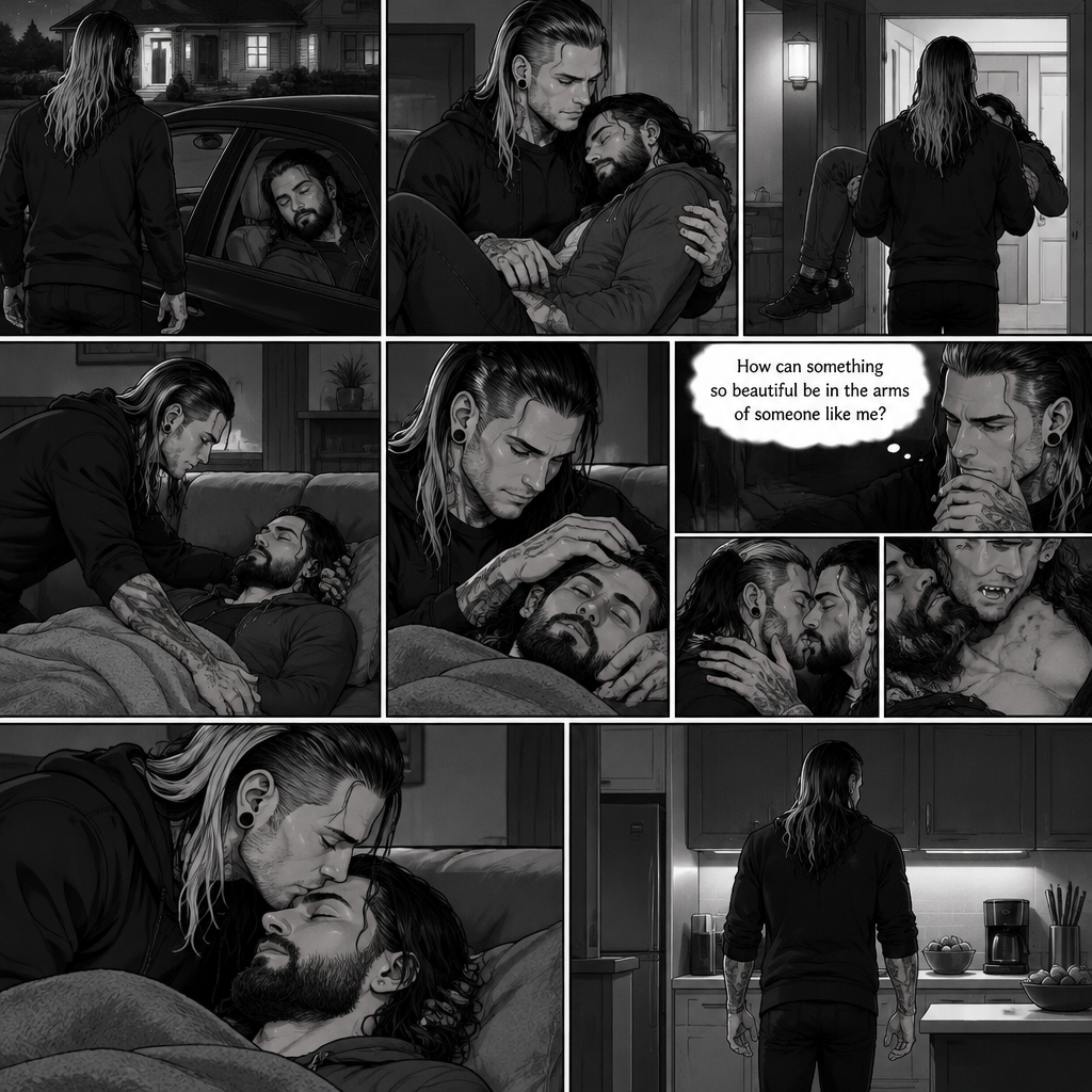 (Part 5 of the Vampire x human story) Jeff Hardy arrives at his house. He walks to the passenger side and gently lifts the sleeping Seth Rollins in his arms. He walks inside,Then he gently put Seth on his couch. He gently stroked Seth’s hair. Then he thought about that moment in Jeff’s office,The kiss and himself sinking his fangs into Seth’s neck. “How can something so beautiful be in the arms of someone like me?” Jeff asked himself. He gently kissed Seth’s forehead,Then he got up and walked to the kitchen