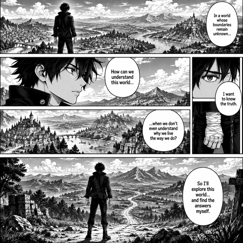 DRAGON STRIKERS

PAGE 4 — THE QUESTION

FORMAT: Japanese black-and-white manga page, read from right to left. Five panels. Detailed ink work, screentones, cinematic framing, and expressive character art.

CHARACTER CONSISTENCY — SORA AMAMIYA

Use the supplied Sora Amamiya reference sheet as the definitive visual reference.

* Age: 17.
* Height: 178 cm.
* Build: slim and athletic.
* Hair: messy, layered jet-black hair with sharp, irregular spikes and uneven bangs.
* Eyes: sharp, light-grey eyes with dark pupils.
* Face: youthful, defined features and sharp eyebrows.
* Outfit: fitted black high-collar jacket with silver buttons, dark shirt, black trousers, black belt with a rectangular silver buckle, and black lace-up combat boots.
* Hands: white bandages wrapped around both wrists and partially over the hands.

Maintain his exact hairstyle, facial structure, clothing, proportions, and wrist wraps in every panel. Do not add weapons, powers, clan symbols, or accessories.

PANEL 1 — THE LONE FIGURE

Layout: Wide horizontal panel across the top.

Camera: Rear three-quarter view, medium-wide shot.

Scene: Sora stands at a high overlook above an enormous landscape. Mountain ranges stretch toward the horizon, rivers wind through distant valleys, and clouds cast shadows over the land.

His black jacket and spiky hair are clearly recognizable. His hands rest naturally by his sides.

Narration:
“In a world whose boundaries remain unknown…”

PANEL 2 — THE QUESTION

Layout: Medium close-up.

Camera: Side profile of Sora, looking toward the distant horizon.

His light-grey eyes are visible beneath his uneven bangs. His expression is serious and thoughtful, without exaggerated emotion.

Sora’s dialogue:
“How can we understand this world…”

PANEL 3 — THE CLANS

Layout: Wide panel.

Camera: A distant view of several different settlements separated by mountains, rivers, and enormous stretches of land.

Do not depict named clans, clan emblems, specific leaders, or invented customs. Show only the vastness and variety of civilization.

Sora’s dialogue:
”…when we don’t even understand why we live the way we do?”

PANEL 4 — THE DECISION

Layout: Narrow vertical panel.

Camera: Close-up of Sora’s eyes, followed by a small view of his bandaged hand resting beside his jacket.

His gaze becomes more focused. Keep the expression subtle and believable.

Sora’s dialogue:
“I want to know the truth.”

PANEL 5 — THE JOURNEY

Layout: Large bottom panel with dramatic perspective.

Camera: Rear view of Sora facing a long road that disappears into the distant mountains.

His silhouette stands against the enormous landscape. Use strong black shadows in the foreground and lighter screentones toward the horizon.

Do not show Hugurumi, chains, supernatural effects, or any other characters.

Sora’s dialogue:
“So I’ll explore this world… and find the answers myself.”

FINAL ART DIRECTION

The page should feel quiet, serious, and mysterious. Sora is not posing heroically or fighting anyone. This is the moment the reader understands why he wants to explore.

Keep every line of dialogue exactly as written. Use clear, legible lettering and traditional black-and-white manga shading. Preserve Sora’s reference design throughout.