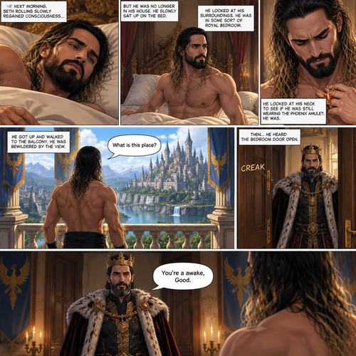 Part 2 of the phoenix story.The next morning,Seth Rollins slowly regained consciousness….But he was no longer in his house,He slowly sat up on the bed.He looked at his surroundings,He was in some sort of Royal bedroom.He looked at his neck to see if he was still wearing the phoenix amulet,He was.He got up and walked to the balcony,He was bewildered by the view. “What is this place?” Seth asked himself.Then…he heard the bedroom door open,A man in a royal king outfit walked in. “You’re a awake,Good” said the man