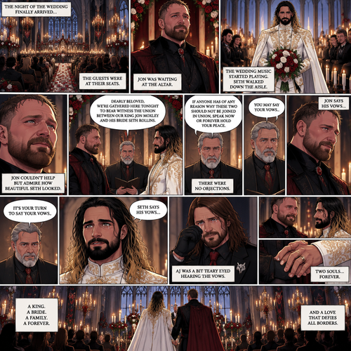 (Recap) Seth Rollins (The vampire hunter turned Bride of the Vampire king) Reunited with his long lost brother Aj Styles,Time skip to 3 days before the wedding,Seth and Jon Moxley (Vampire King) were still preparing,Aj helped out,The night before Aj had told Jon and Seth that he’s a werewolf,Seth and Jon were shocked but were happy that Aj was being honest with them,Seth was on the balcony Looking at the view and Looking nervous about the wedding,Jon appeared behind him checking in on him,“Can’t sleep?” Jon asked,“No” Said Seth,Jon wrapped his arms around him,“What’s on your mind?” Jon asked,”I’m just very nervous about our wedding,Don’t get me wrong I want to marry you…It’s just….what if I mess up? What if people don’t like me?…what if…..I’m not enough….for you?” Said Seth,”Look at me my love” Jon said softly,Seth looked up at him,”You’re not gonna mess up,I’ll be right with you,If people don’t like you they’ll have to deal with me,You ARE enough for me,You’re the only one I want,The ONLY one i love,You’re mine..and I’m yours,For eternity” Jon said softly,Seth’s heart fluttered,Jon kissed him softly,”I love you” Jon said Softly,”I love you too” Seth said softly,They kissed again. (And now part 9) The night of the wedding arrived,The guests were at their seats. Jon was waiting at the altar. The wedding music started playing. Seth walked down the aisle. Jon couldn’t help but admire how beautiful Seth looked. Seth got to the altar. “Dearly beloved,We’re gathered here Tonight to bear witness the union between Our King Jon Moxley and his Bride Seth Rollins” Said the officiant. “If anyone has of any reason why these two should not be joined in union,Speak now or forever hold your peace” The officiant continued. There were no objections. The officiant looked at Jon and said “You may say your vows”. Jon says his vows. Afterwards The officiant looked at Seth and said “It’s your turn to say your vows”. Seth says his vows. Aj was a bit teary eyed hearing the vows