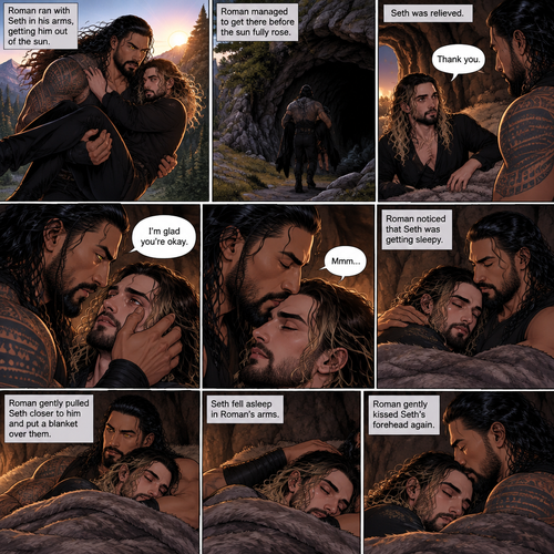 (Part 2 of the Werewolf x Vampire story) Roman Reigns (The werewolf) was running to his cave with Seth Rollins (The vampire) in his arms getting him out of the sun. Seth held on tightly. Roman managed to get there before the sun fully rose. Seth was relieved. Roman gently put him down on the fur bed. “Thank you” Seth said softly. Roman gently put his hand on Seth’s cheek. “I’m glad you’re okay” Roman said Softly. He gently kissed Seth’s forehead. Seth hummed softly. Then Roman noticed that Seth was getting sleepy. He gently pulled Seth closer to him and put a blanket over them. Seth fell asleep in Roman’s arms. Roman gently kissed Seth’s forehead again