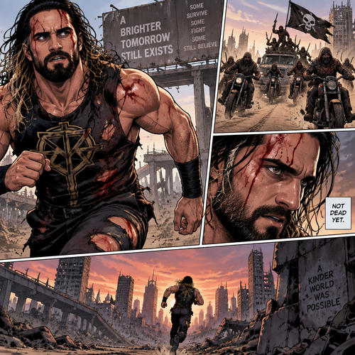 It’s a post apocalyptic world,Seth Rollins was on the run from bandits.He was badly injured but he kept running